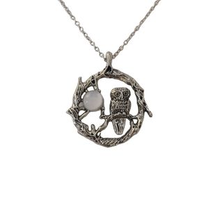Owl by Moon Pendant Necklace Silver Boho Indie